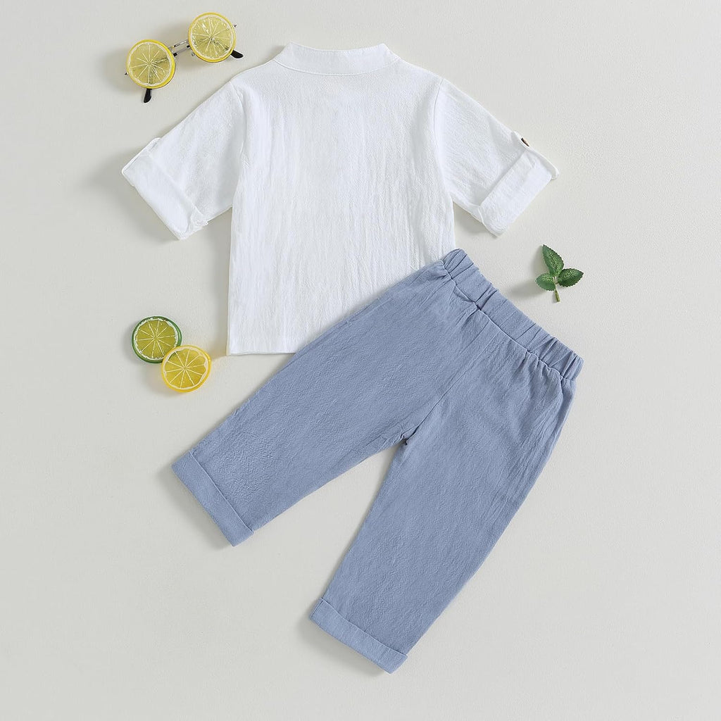 Toddler Baby Boy Clothes Cotton Linen Henley Shirts Button Down Long Sleeve Shirts Casual Pants Set