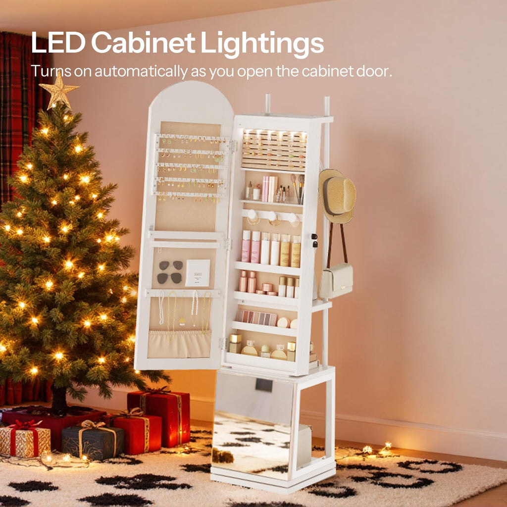 360° Swivel Jewelry Cabinet with LED Lights, Standing Jewelry Organizer with Storage Shelf, Arched Full-Length
