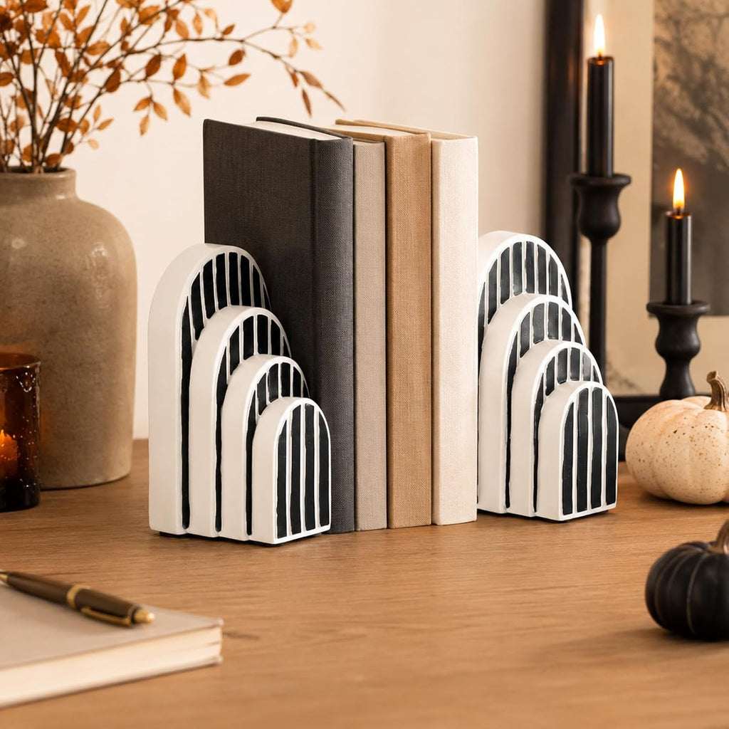 Modern Striped Arch Bookends Set of 2 Resin Black White Geometric Shelf | Stylish modern striped arch bookends