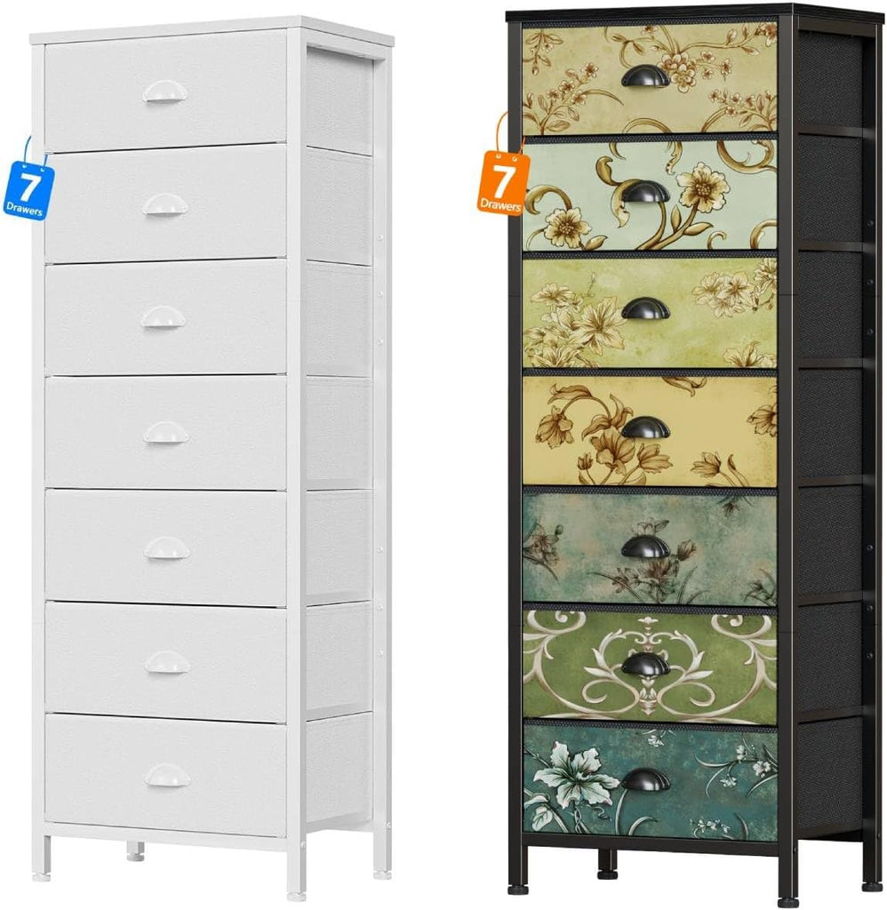 White Bedroom Dresser, Tall Dressers & Chests of Drawers with 7 Fabric Bins & Vintage Dressers & Chest of Drawers