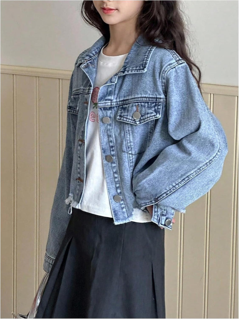 Girl's Crop Denim Jacket Long Sleeve Jean Jacket Fall Outerwear