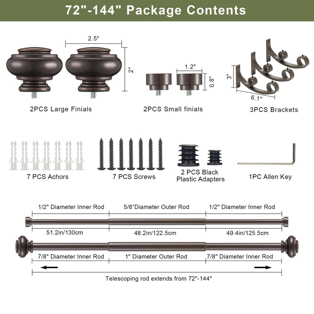 Double Curtain Rods 72 to 144 Inches with Solid Aluminum Alloy Brackets, 1 Inch Adjustable Drapery Rod, Heavy Duty