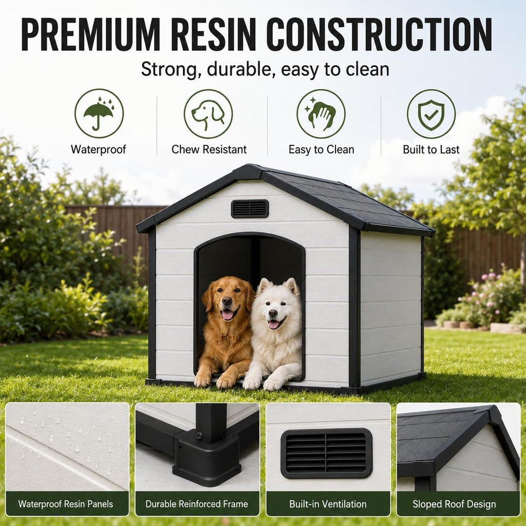 54" Large Dog House Outdoor, Waterproof Durable Resin Dog Kennel