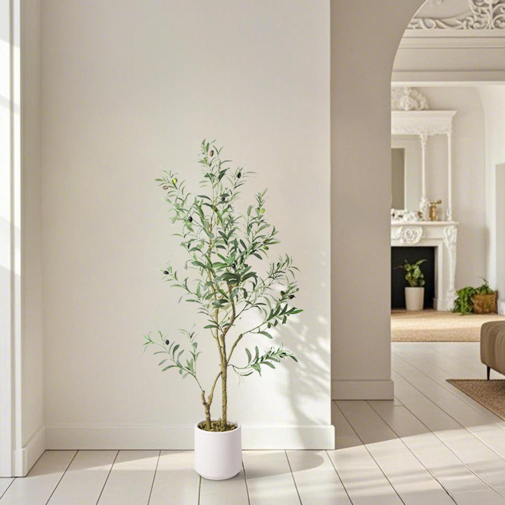 Fake Olive Tree 4FT Tall 1Pack with White Planter Decor