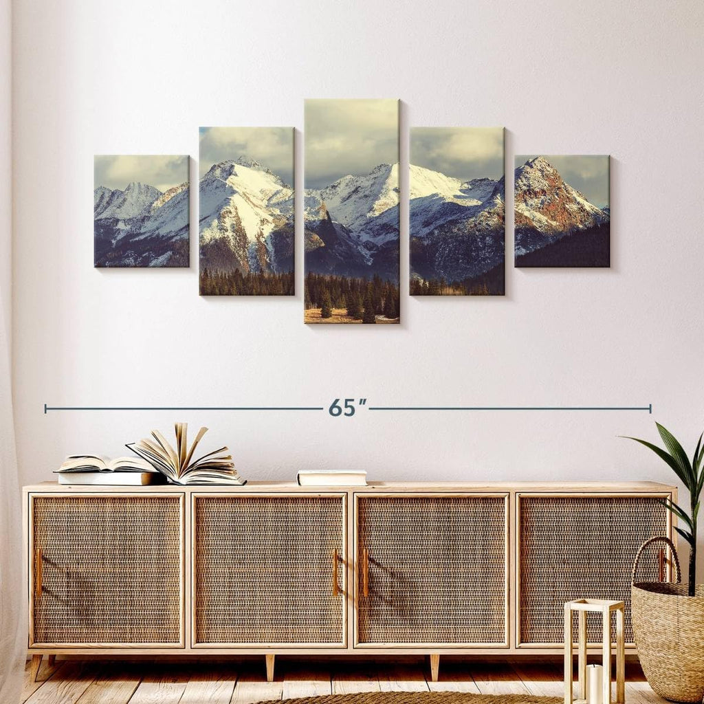 Rocky Mountains Wall Art Multi Piece Canvas - 5 Panel Nature Wall Decor - Snowy Scenery of the Pine Forest and