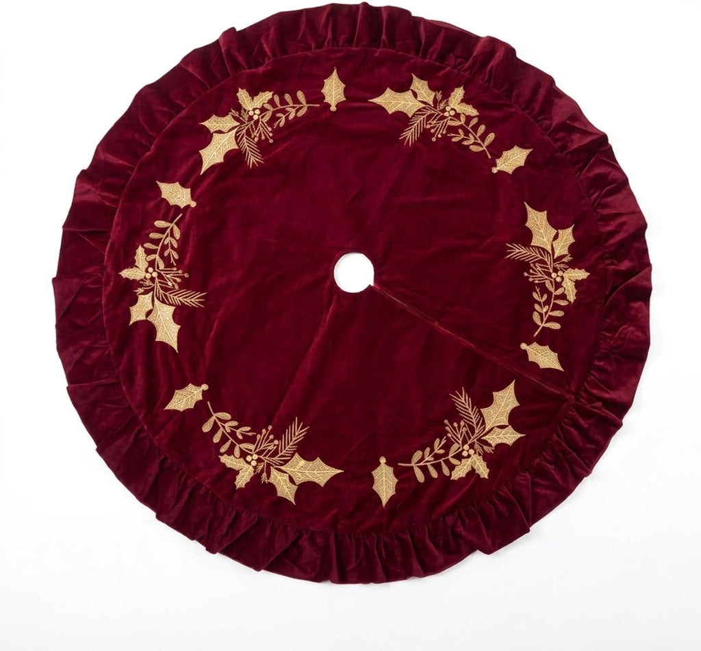 Christmas Tree Skirt, 72 Inches, Gold Embroidered Holly Style, Red