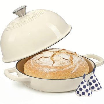 Enameled Round Cast Iron Bread Oven, 6 Qt Cast Iron Dutch Oven made Sourdough Bread Baking, Bread Pot with Dome Lid &