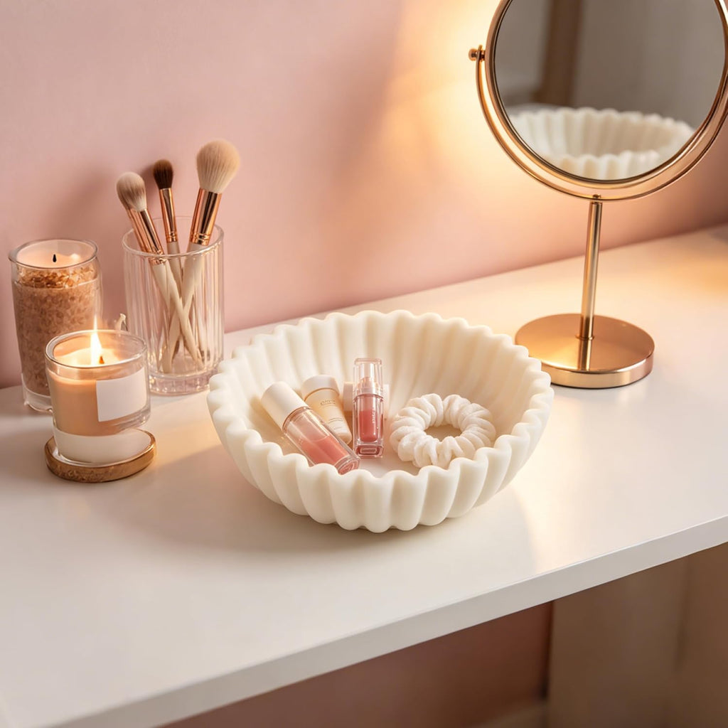 White Maeble Style Decorative Bowl, Entryway Console Centerpiece | Coffee Table Mantel Bookshelf Decor, 10" Scalloped