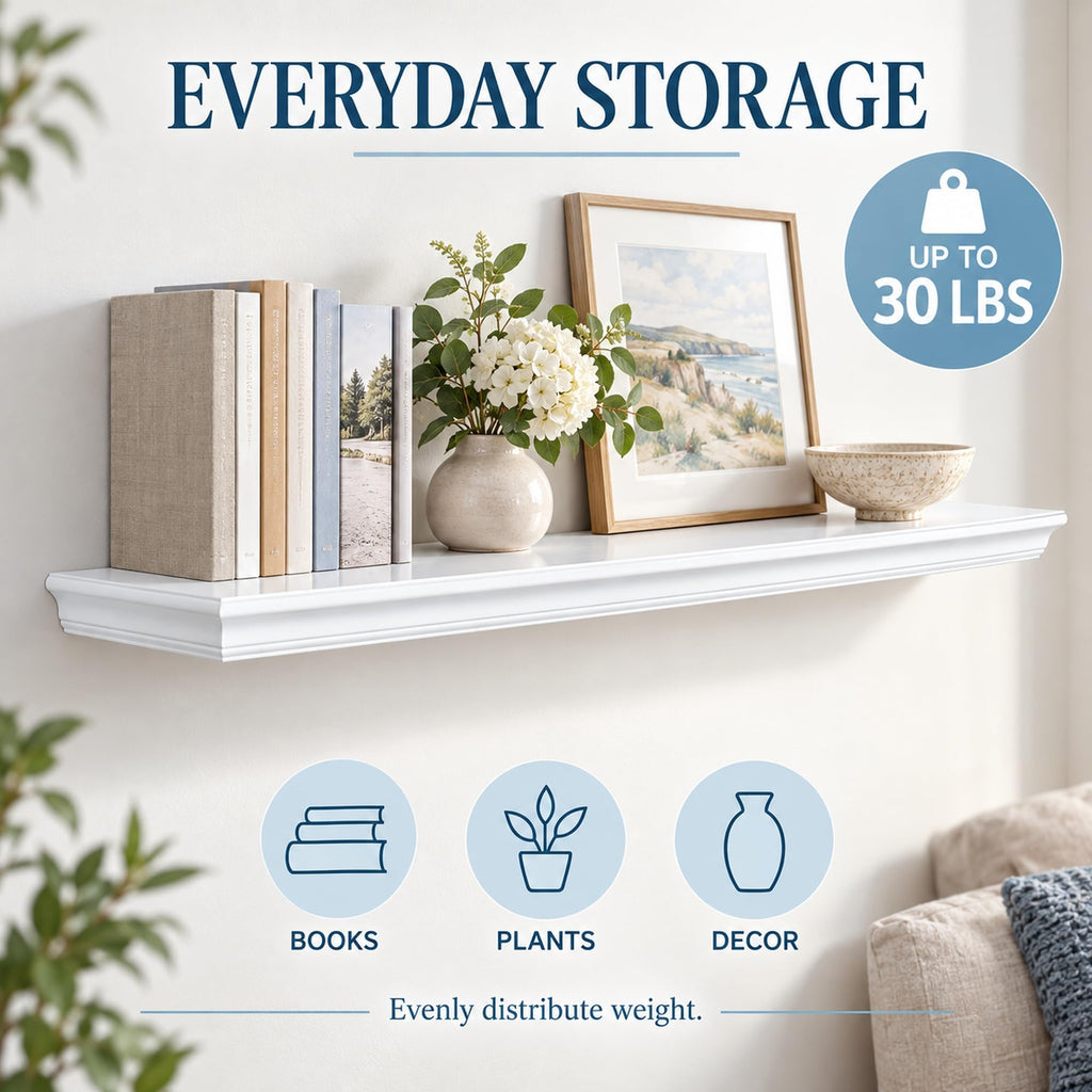 48" White Floating Shelf, 8" Deep Wall Ledge for Photos & Books