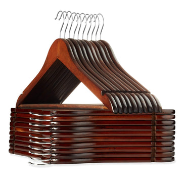20 Walnut Wooden Suit Hangers - Premium Lotus Wood with Notches & Chrome Swivel Hook for Dress Clothes, Coats