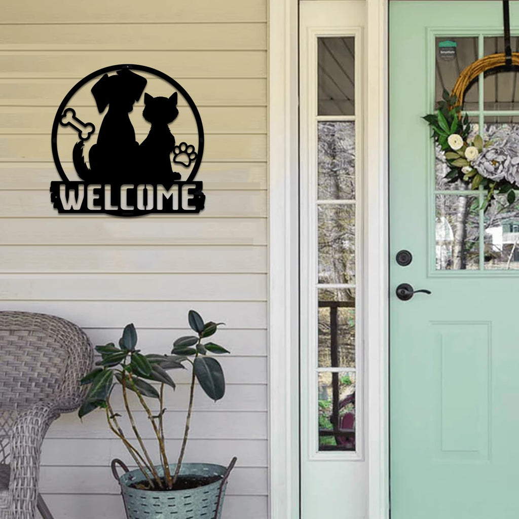 Cat and Dog Welcome Metal Sign for front door Pet Lover Metal Decoration Large 12 inch Thick metal Wall Hanging Decor