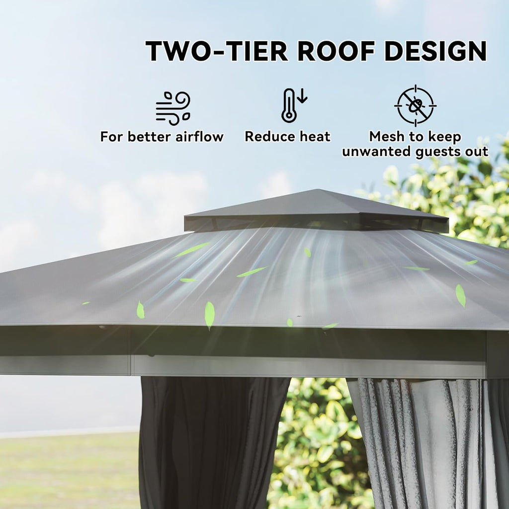 10' x 12' Outdoor Patio Gazebo, Heavy Duty Gazebo Canopy Shelter with Double Roof, Curtains, Netting, Steel Frame
