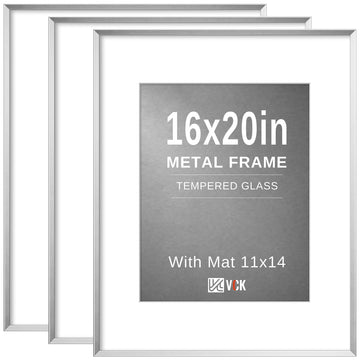16x20 Picture Frame Silver 3-Pack, Minimalist Metal Frames with Tempered Glass, Display Photo 11x14 with Mat or 20x16