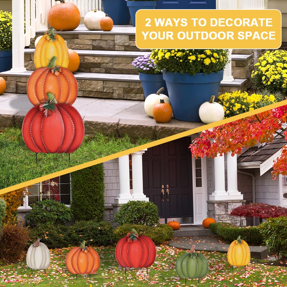 Fall Decorations Outdoor, 34" 2PCS Decorative Garden Stakes with 6 Pumpkins for Fall Decor, Metal Yard Signs Outside