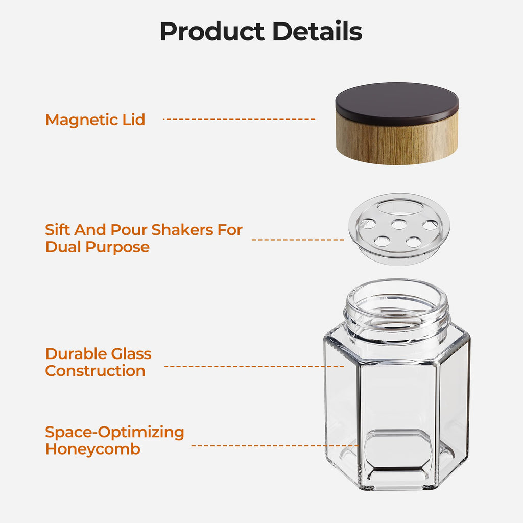 Set of 18 Magnetic Glass Spice Tins with 100 Preprinted Seasoning Label Stickers (Include Black Metal Wall-Plates)