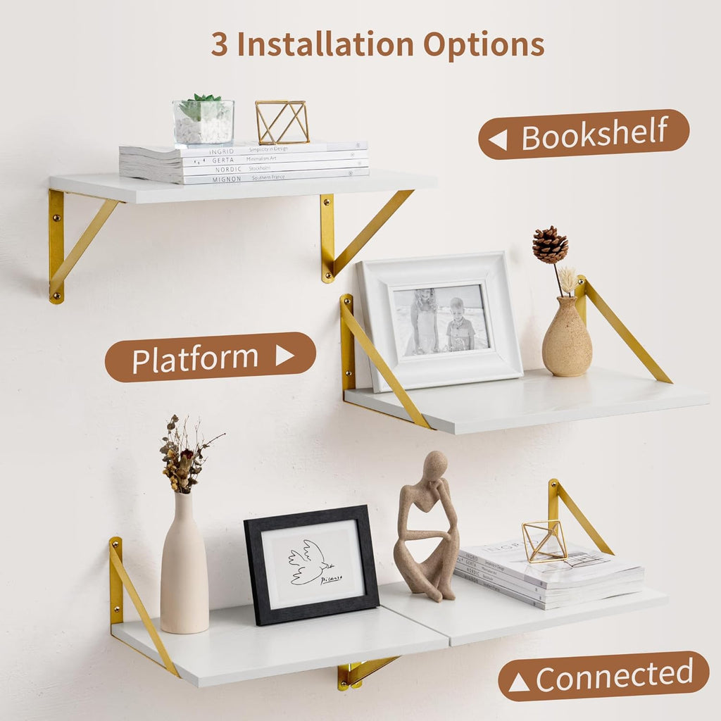 Deep Floating Shelves for Wall, 12 Inch Deep White and Gold Shelves Set of 2, 16W x 12D White Wood Wall Shelves with