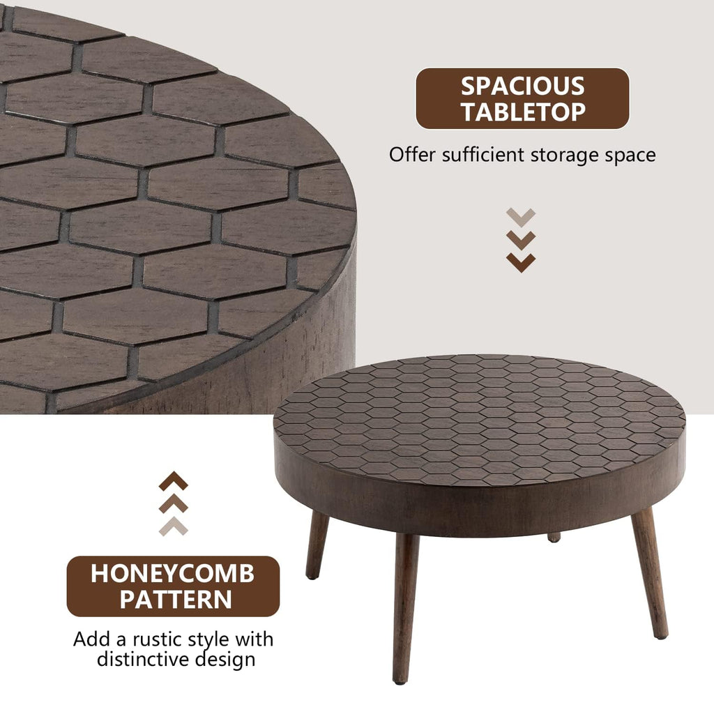 Round Coffee Table Set of 2, Nesting Tables with Honeycomb Pattern, Modern End Table, Farmhouse, Brown
