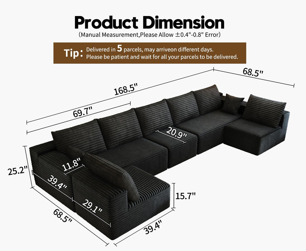 168.5" Modular Sectional Sofa, Oversized U-Shaped Minimalist Couches with 3 Middle Seats Chaise, Modern Deep Seat
