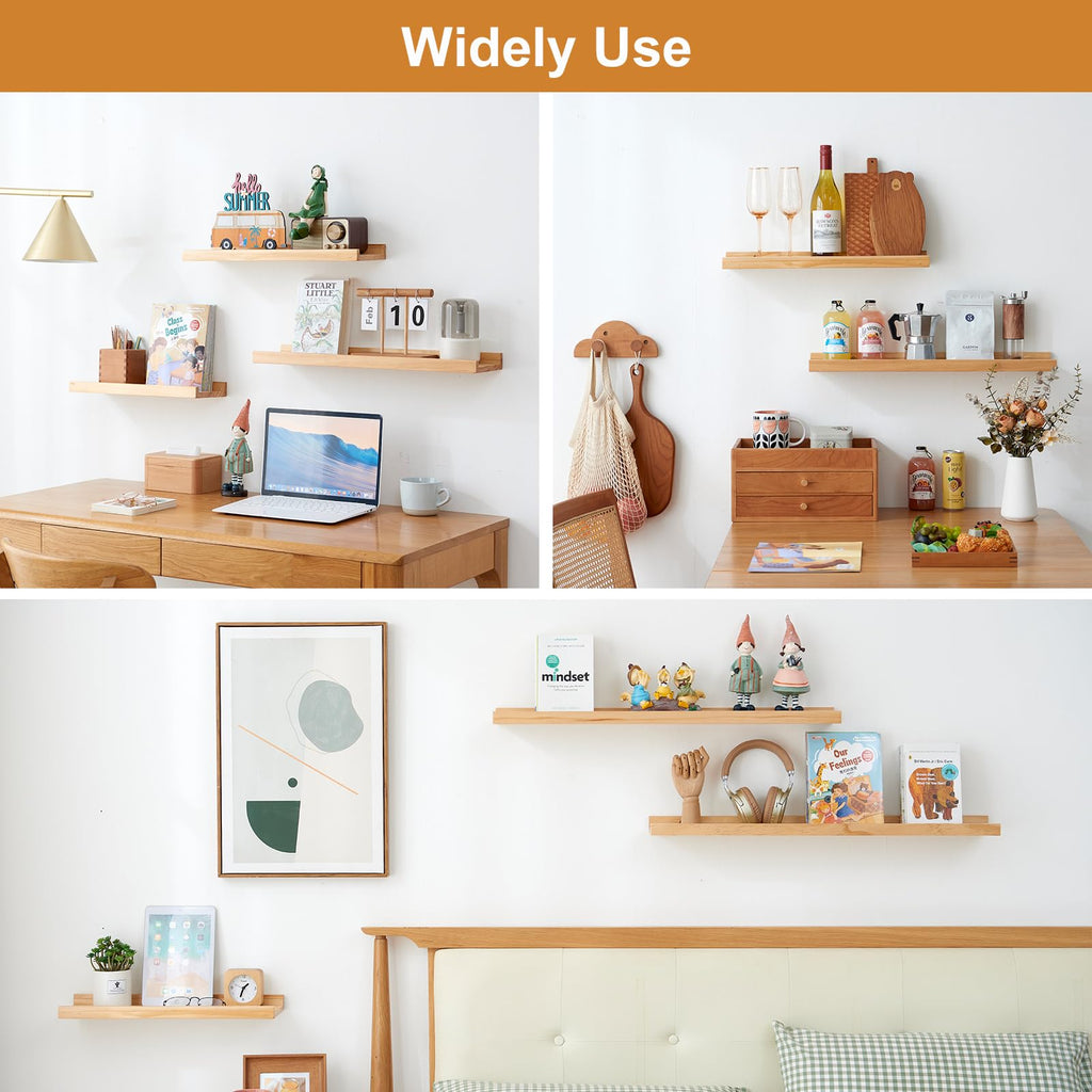 16 inch Floating Shelves for Wall Set of 2, Rustic Pine Wood Wall Shelves, Picture Ledge for Storage, Books, Room