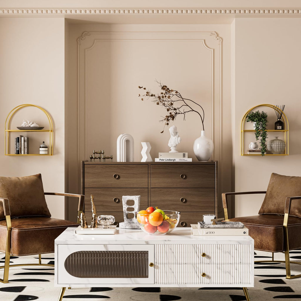 2-Tier Arched Wall Shelf with Gold Frame & Transparent Shelves