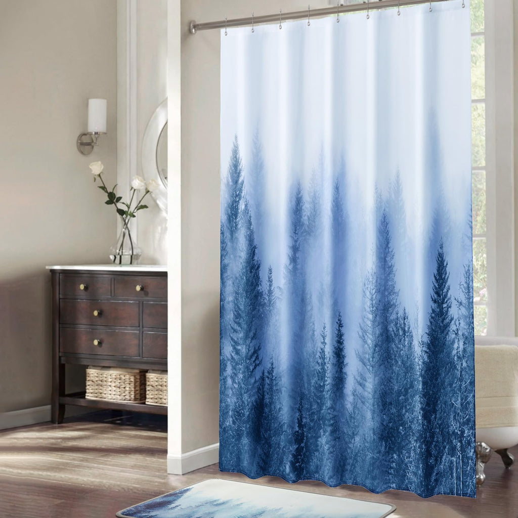 54x78 Misty Forest Stall Shower Curtain for Small Bathroom, Blue Narrow Nature Woodland Shower Curtain Set with