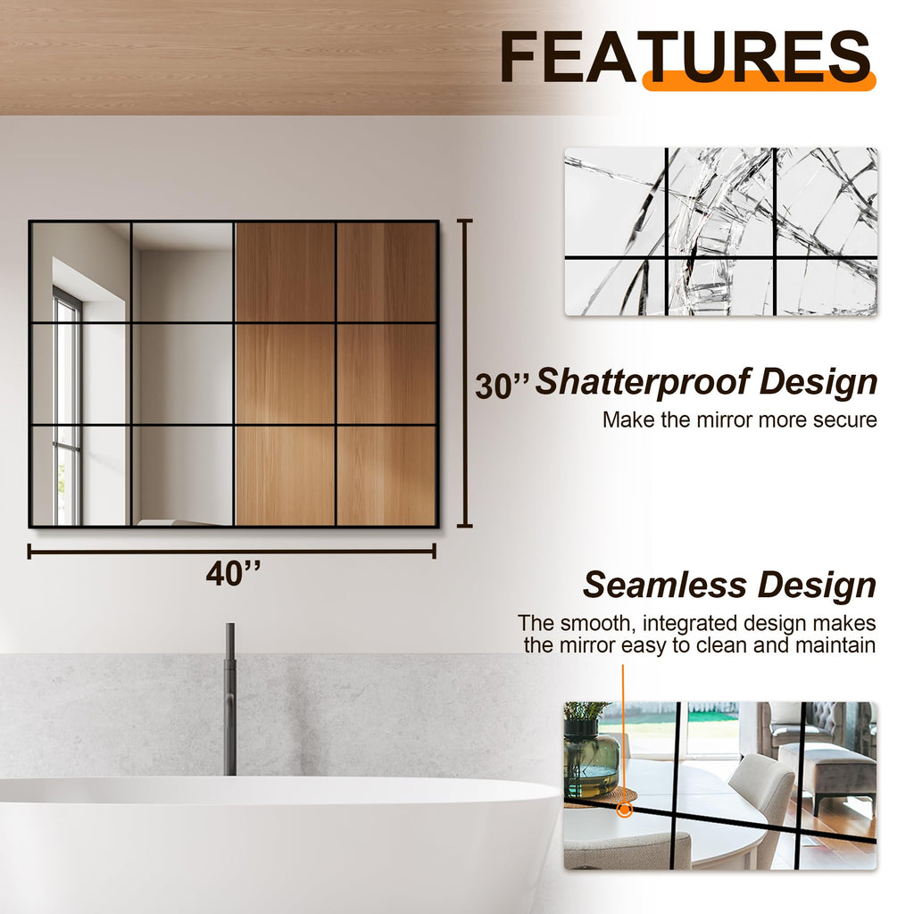 Window Pane Mirror for Wall, 40"x30" Window Mirror Black