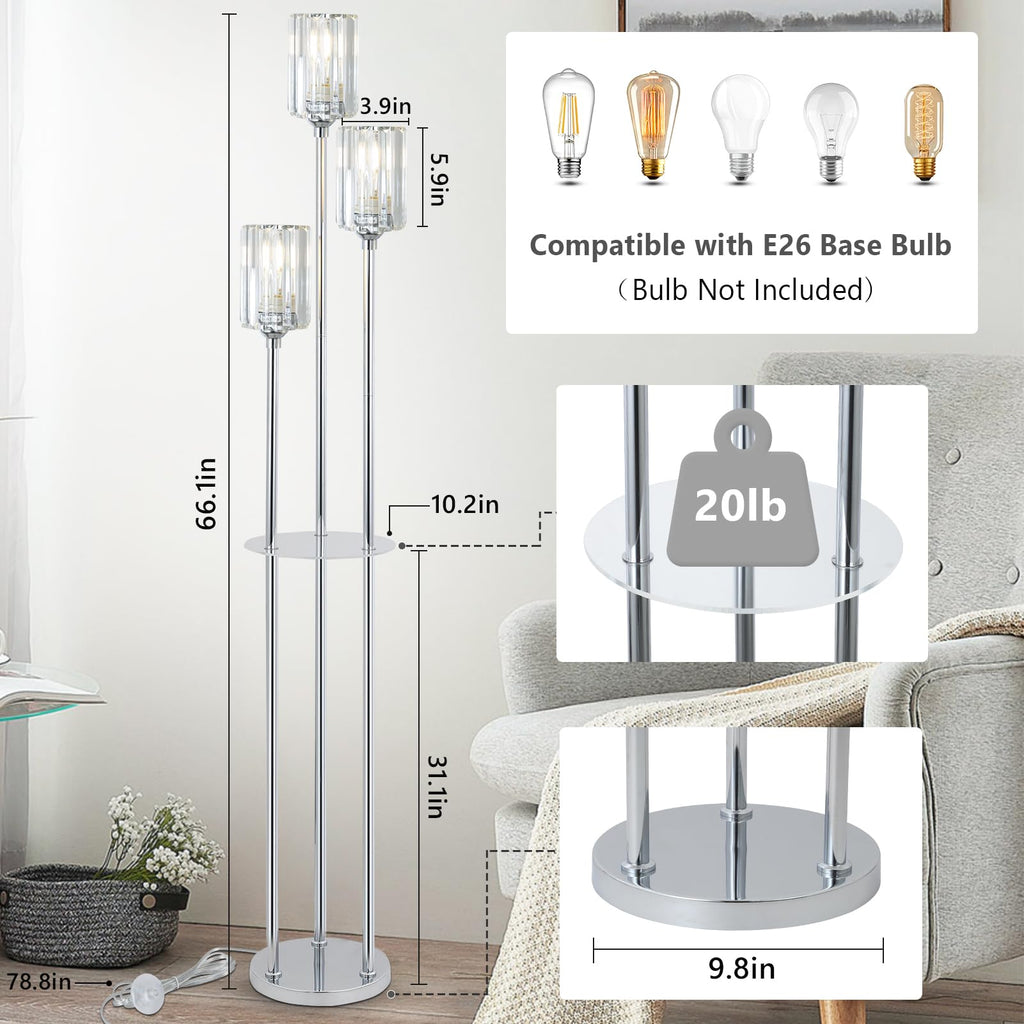 Crystal Floor Lamps, Modern Floor Lamp with Shelves, 3-Lights Standing Lamp with Crystal Shade, On/Off Foot Switch
