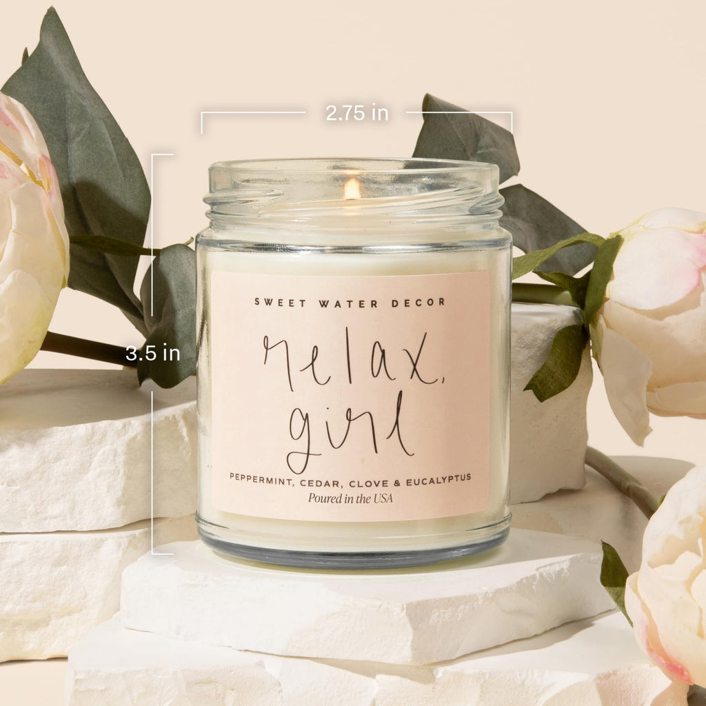 Relax Girl, Peppermint, Cedar, Clove, and Eucalyptus Scented Soy Wax Candle | 9oz Clear Jar, 40 Hour Burn Time, Non