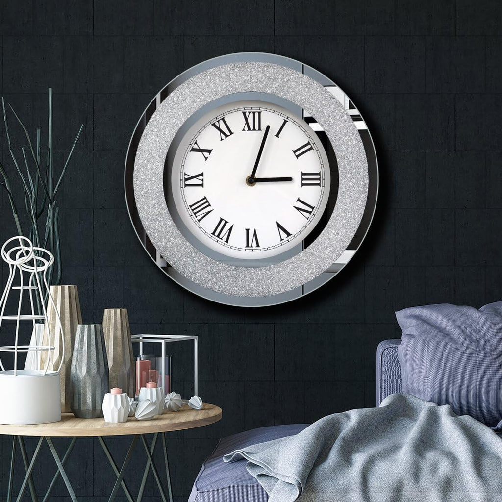 Bling Silver Round Mirror Clock 12inch. Glam Sparkle Twinkle Shining Mirrored Wall Clock for Wall Decoration Silver