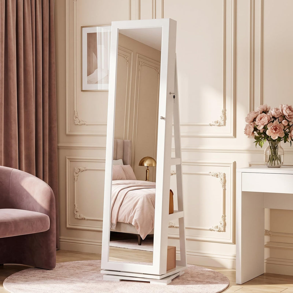 360° Swivel Jewelry Mirror Cabinet with Inside Makeup Mirror, Full Length Mirror with Jewelry Storage, Lockable