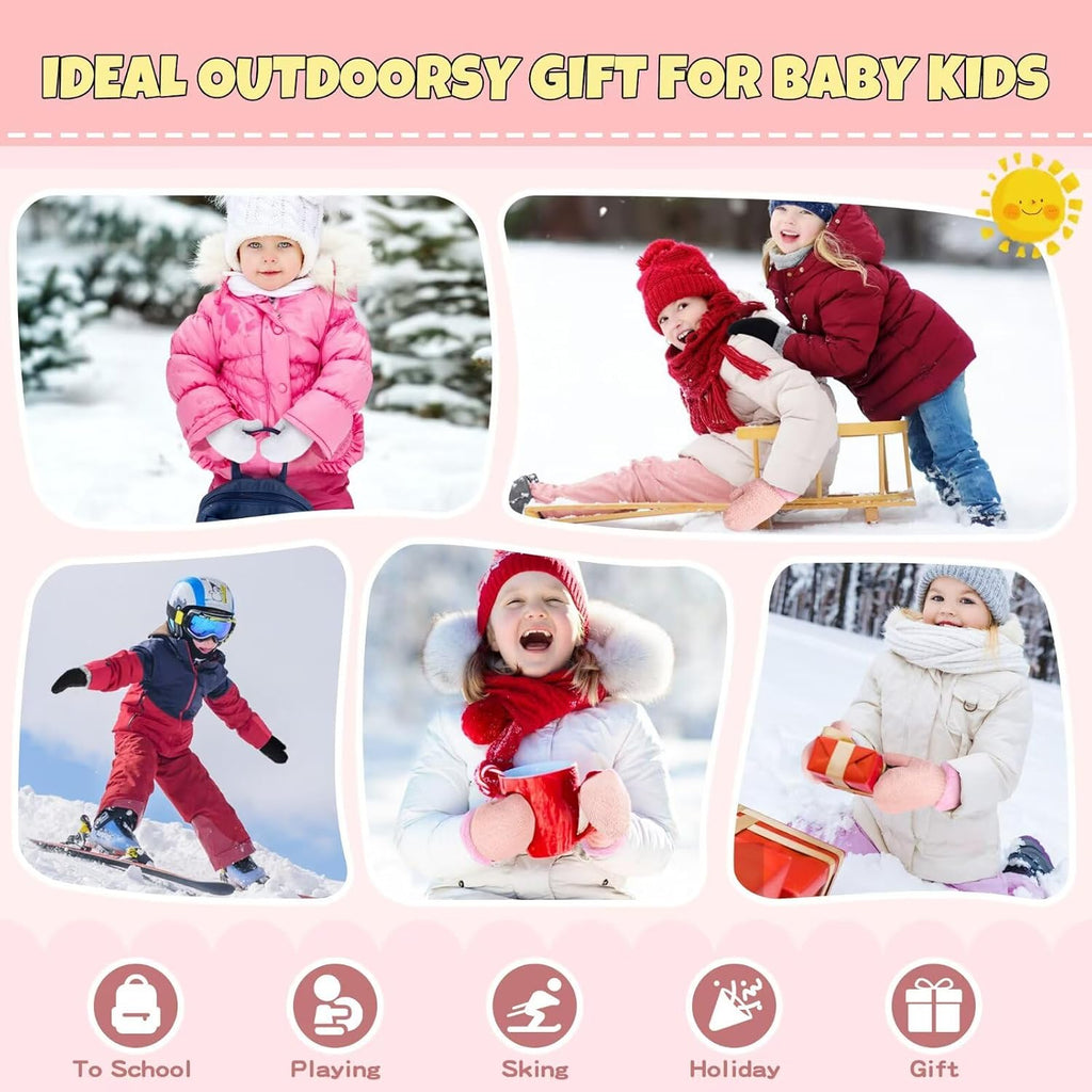 Winter Mittens Gloves Beanie Hat Set for Kids Baby Toddler Children, Thick Warm Knit Fleece Lined Thermal Set