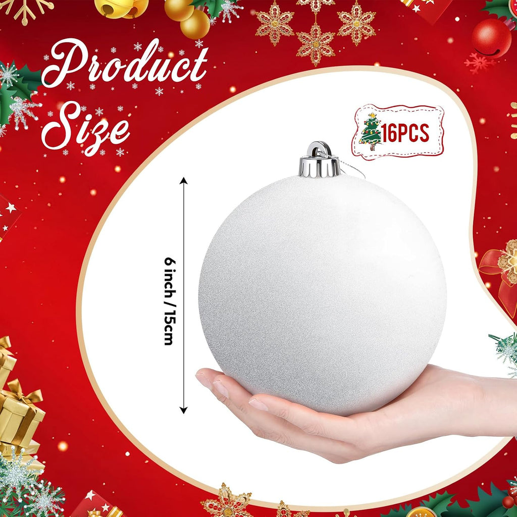 16 Pcs 6 Inch Large Glitter Christmas Ball Ornament, White