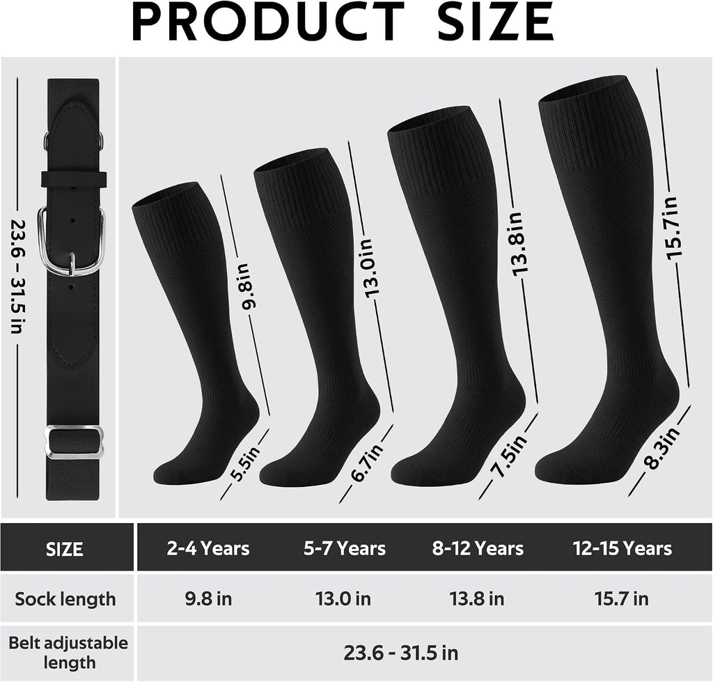 3 Pairs Youth Baseball Socks and Belt Combo Adjustable Softball Football Socks and Baseball Belts for Boys Girls