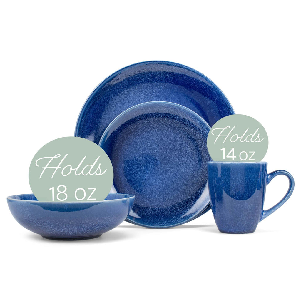 Reactive Glaze Stone Ceramic Plates Bowls Mugs Classic Dinnerware 16 Piece Set - Service for 4, Blue