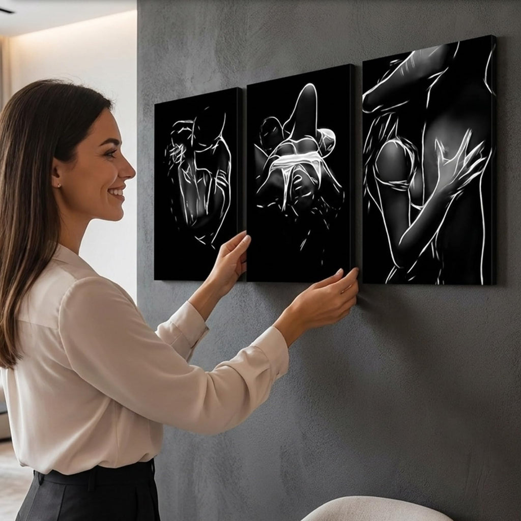 3 Piece Black and White Sexy Abstract Woman Man Canvas Wall Art 12x16 Inch
