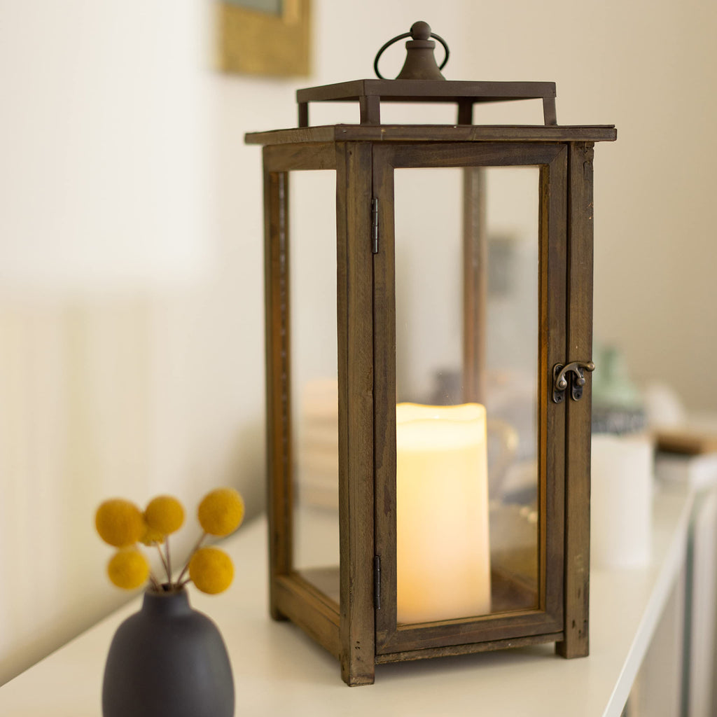 18 Inch Rustic Wooden Candle Hurricane Lantern, For Table Top, Mantle, Wall Hanging, or Garden Display, Indoor &