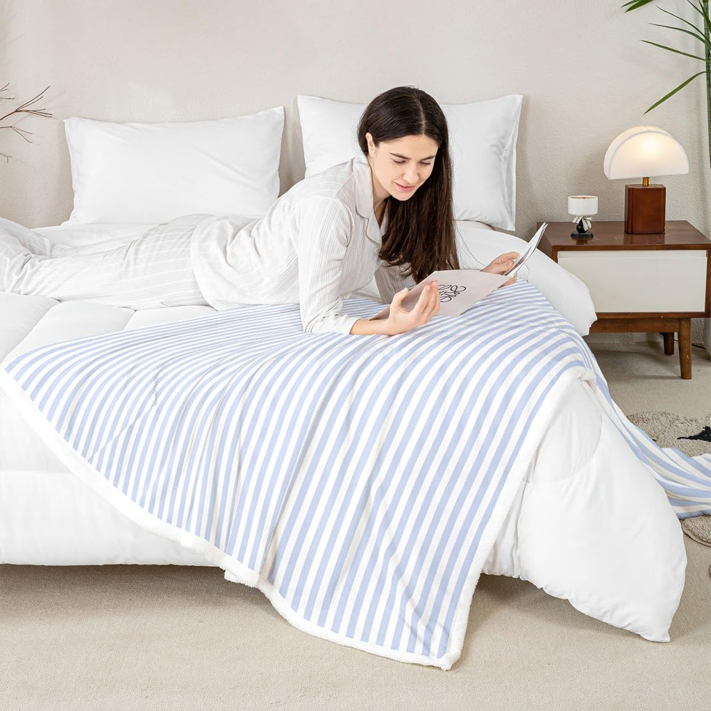 Blue White Stripe Fleece Blanket Throw 50x60 Geometric Ticking Stripes Sherpa Blanket | Farmhouse Vertical Stripes