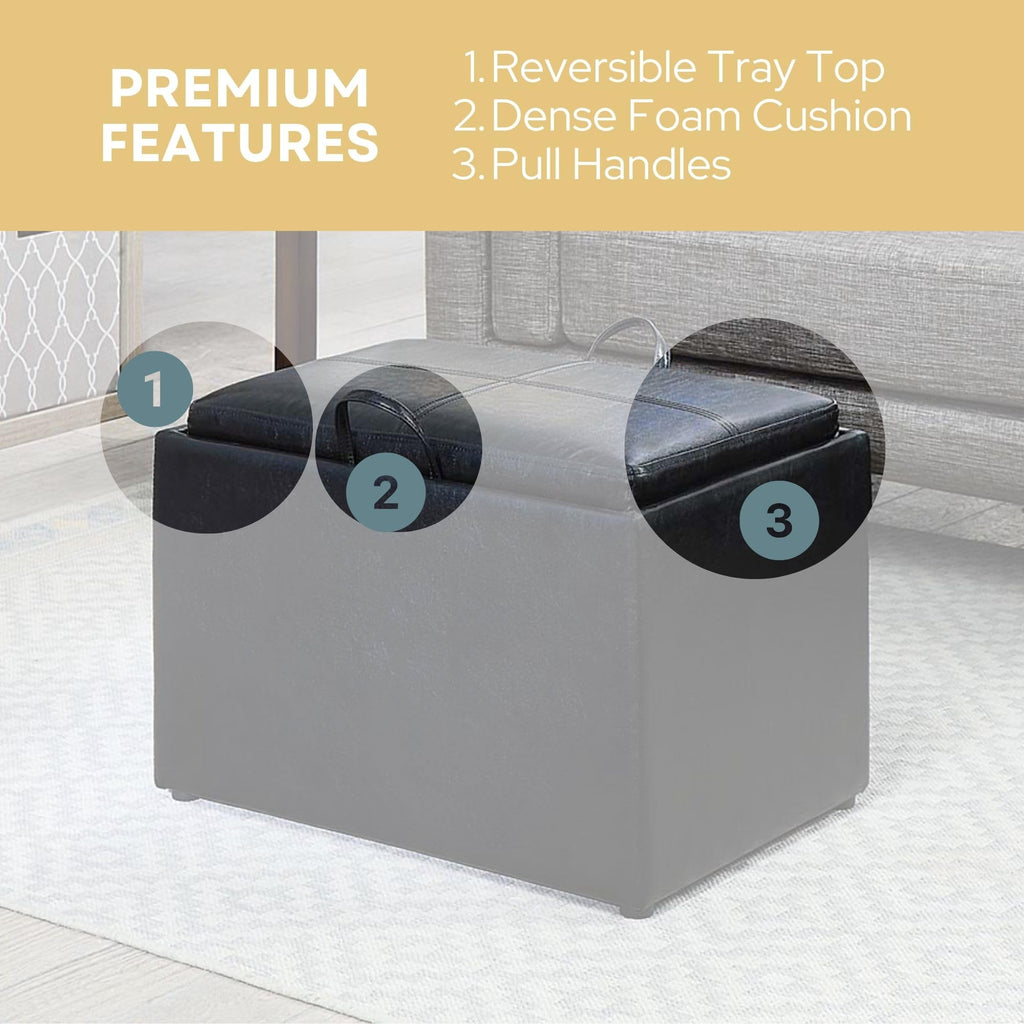 Designs4Comfort Accent Storage Ottoman 22.75" - Modern Foot Stool with Decorative Tray, Black Faux Leather