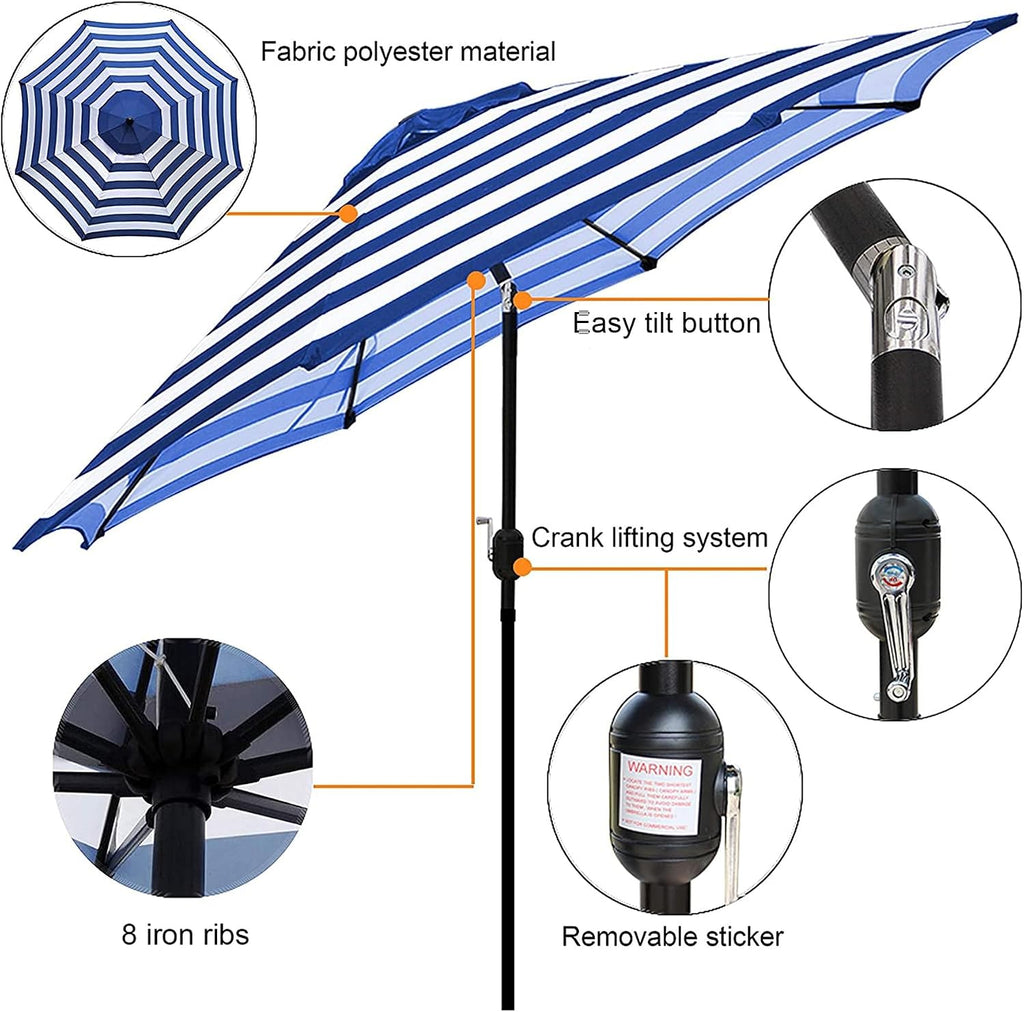 9' Outdoor Patio Umbrella, Outdoor Table Umbrella, Yard Umbrella, Market Umbrella with 8 Sturdy Ribs - Blue & White Stri