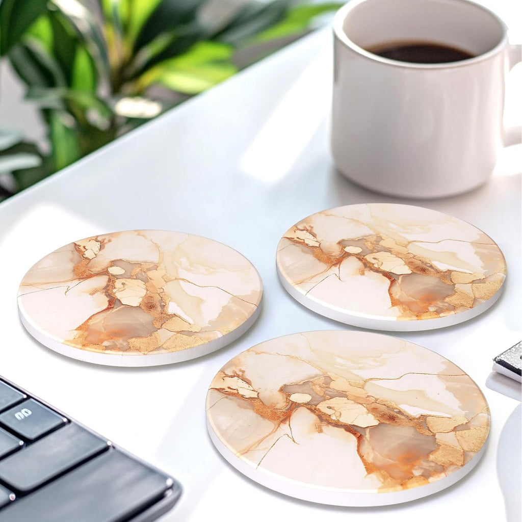 Gold Marble Abstract Ceramic Coasters with Holder for Coffee Table - Set of 6
