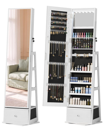 Jewelry Armoire with Bottom Drawer Rotatable Jewelry Cabinet, White