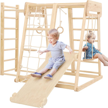 8 in 1 Indoor Jungle Gym for Kids 1-6, Wooden Indoor Playground with Slide & Swing, Montessori Climbing Set