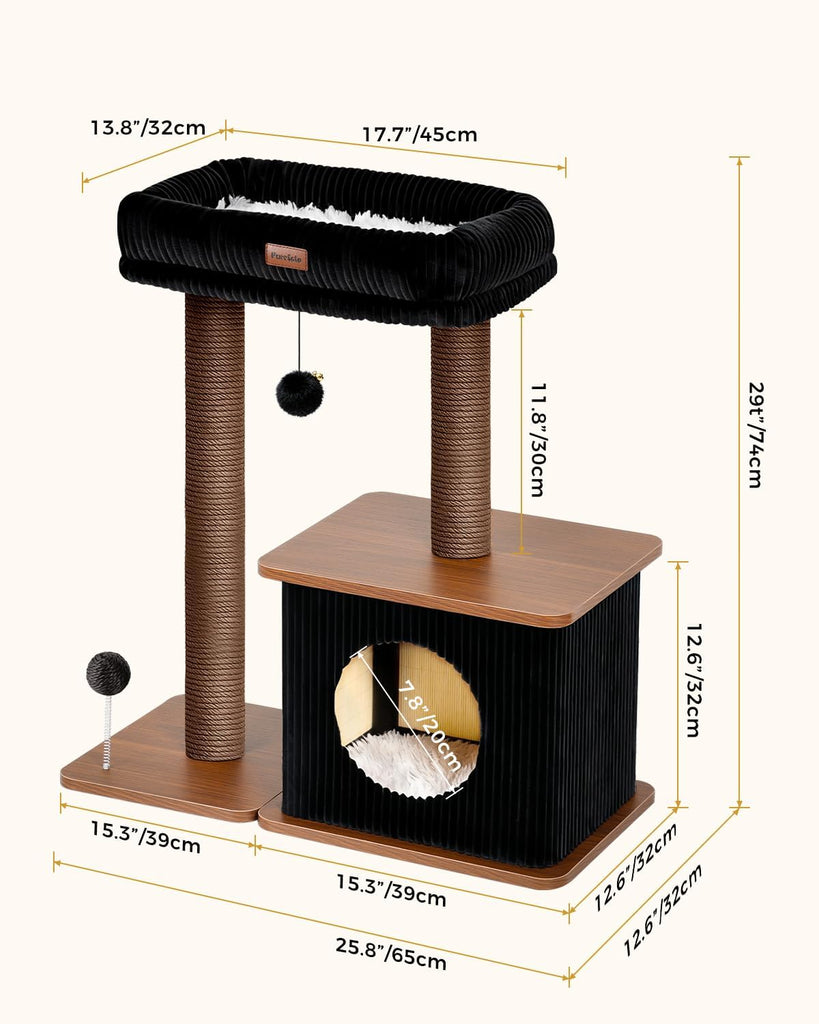 29" Small Cat Tree, Boho Wood Cat Tower with Sisal Scratching Post
