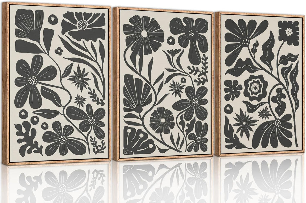 Black Floral Botanical Framed Canvas Wall Art Set, Abstract Floral Market Wall Decor, Modern Vintage Wall Painting
