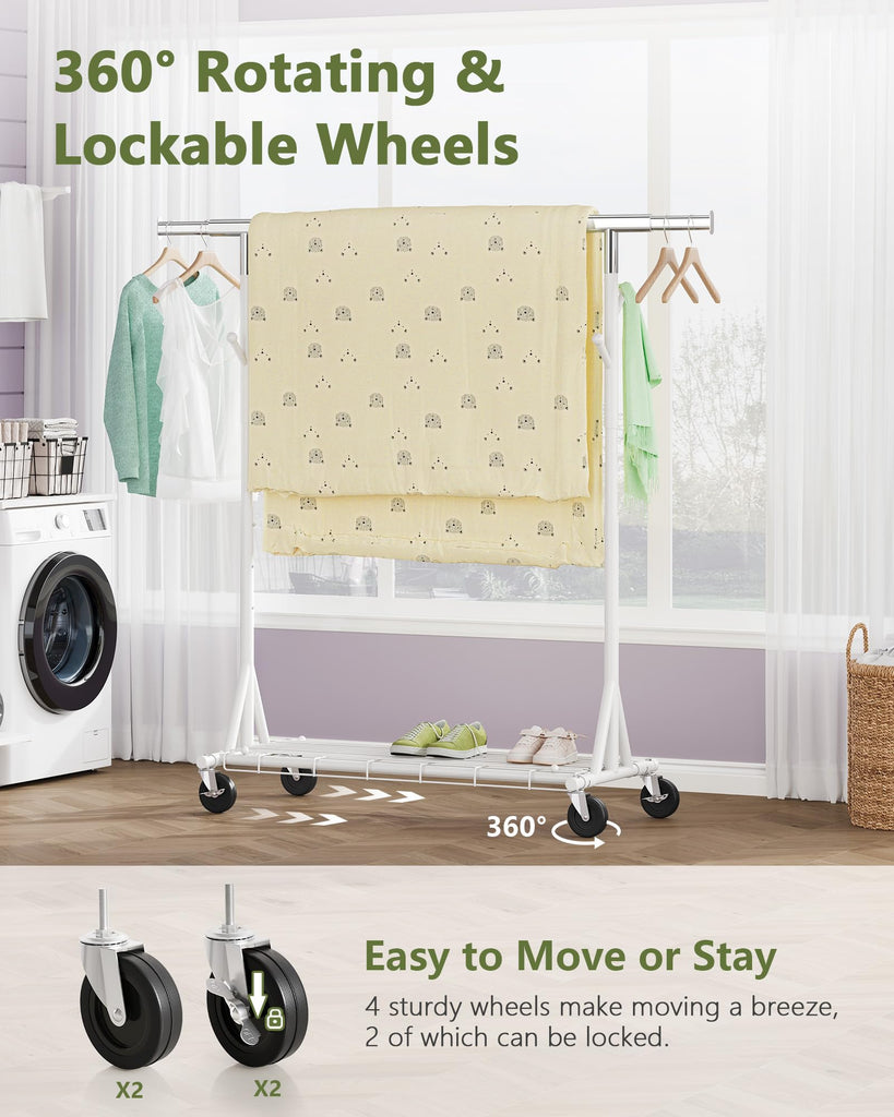 1-Minute Assembly Clothes Rack, 480 lbs Heavy Duty Rolling Clothing Racks with Wheels, Foldable Garment Rack