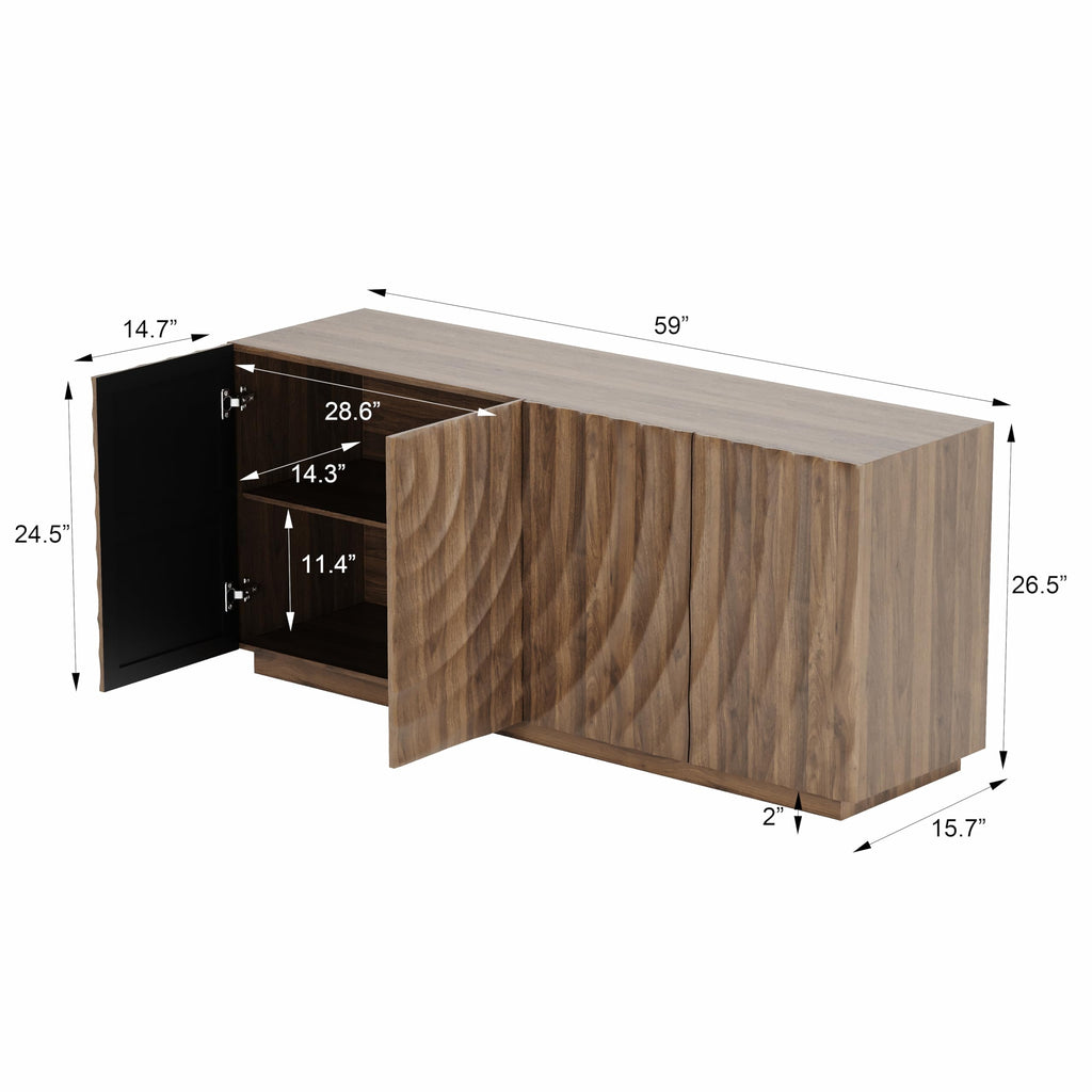 59" Modern Buffet Cabinet with 3D Water Ripple Doors, Sideboard Storage Cabinet with Wooden Base, Freestanding