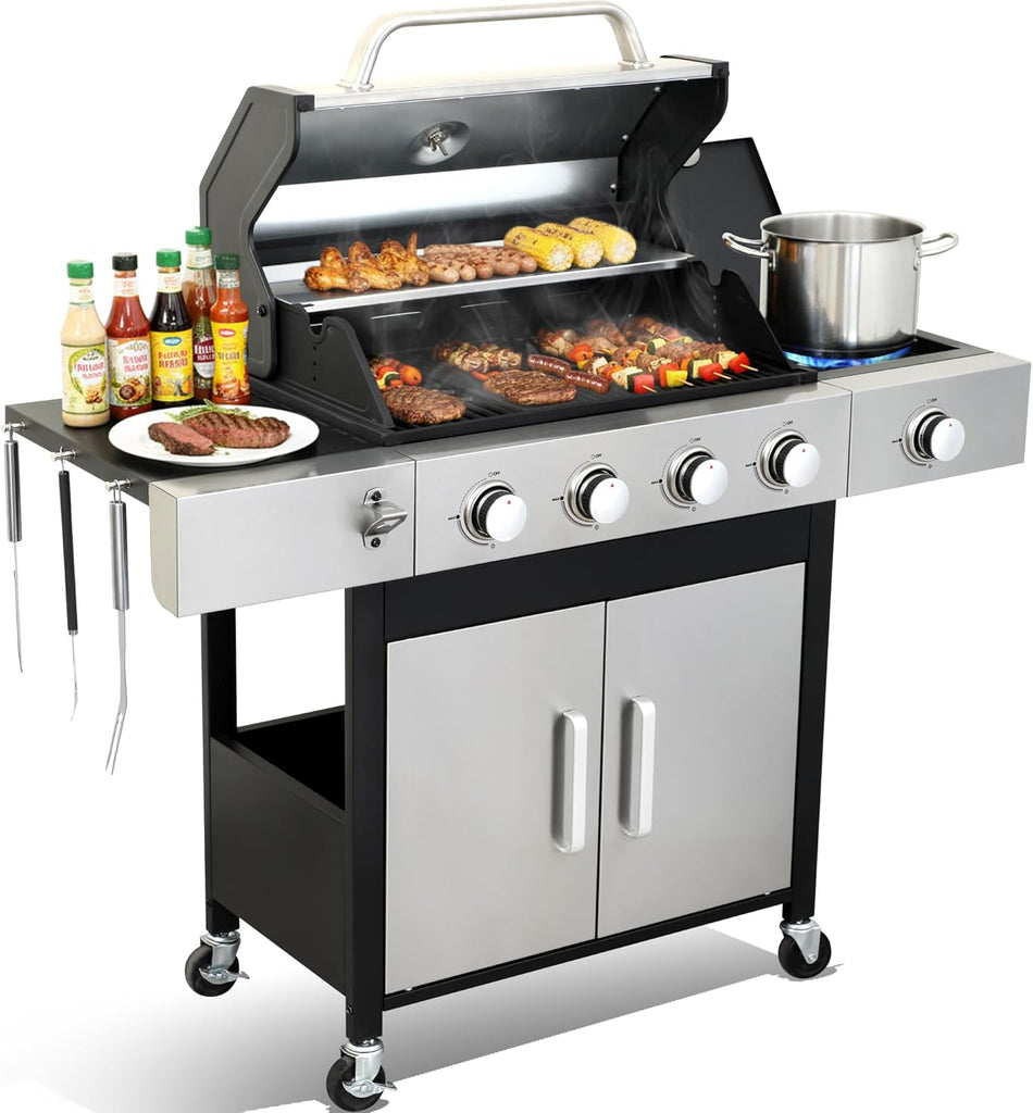 4-Burner Propane Gas Grill with Side Burner, 49,000 BTU BBQ Grill with Cast Iron Grates, Double-Layer Stainless Steel Lid and Grease Management System