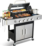 4-Burner Propane Gas Grill with Side Burner, 49,000 BTU BBQ Grill with Cast Iron Grates, Double-Layer Stainless Steel Lid and Grease Management System