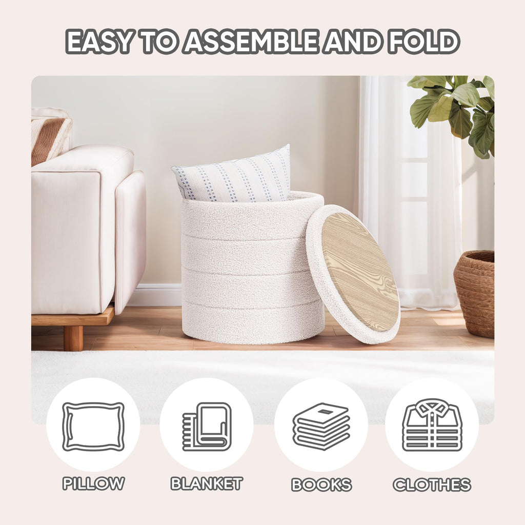 Round Folding Storage Ottoman, Cream Boucle Footstool
