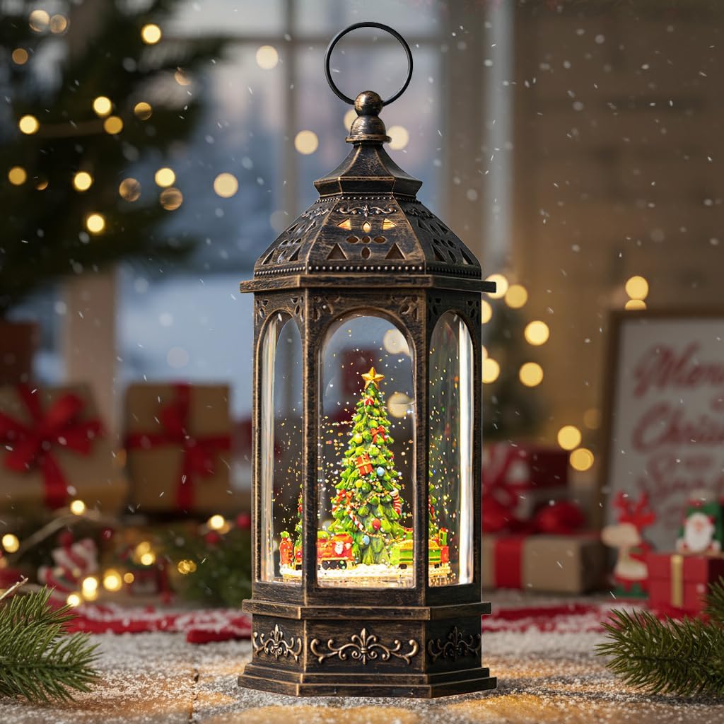 Animated Christmas Snow Globe Lantern Octagon with Rotating Train Christmas Tree Scene Music Box, USB and Battery